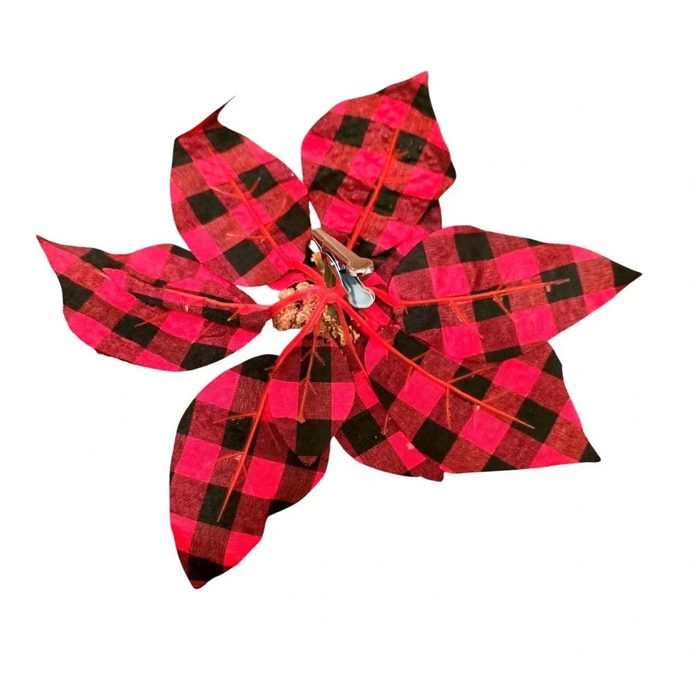 NWOT Christmas Poinsettia Flowers Artificial Clip‎ On Red Buffalo Plaid